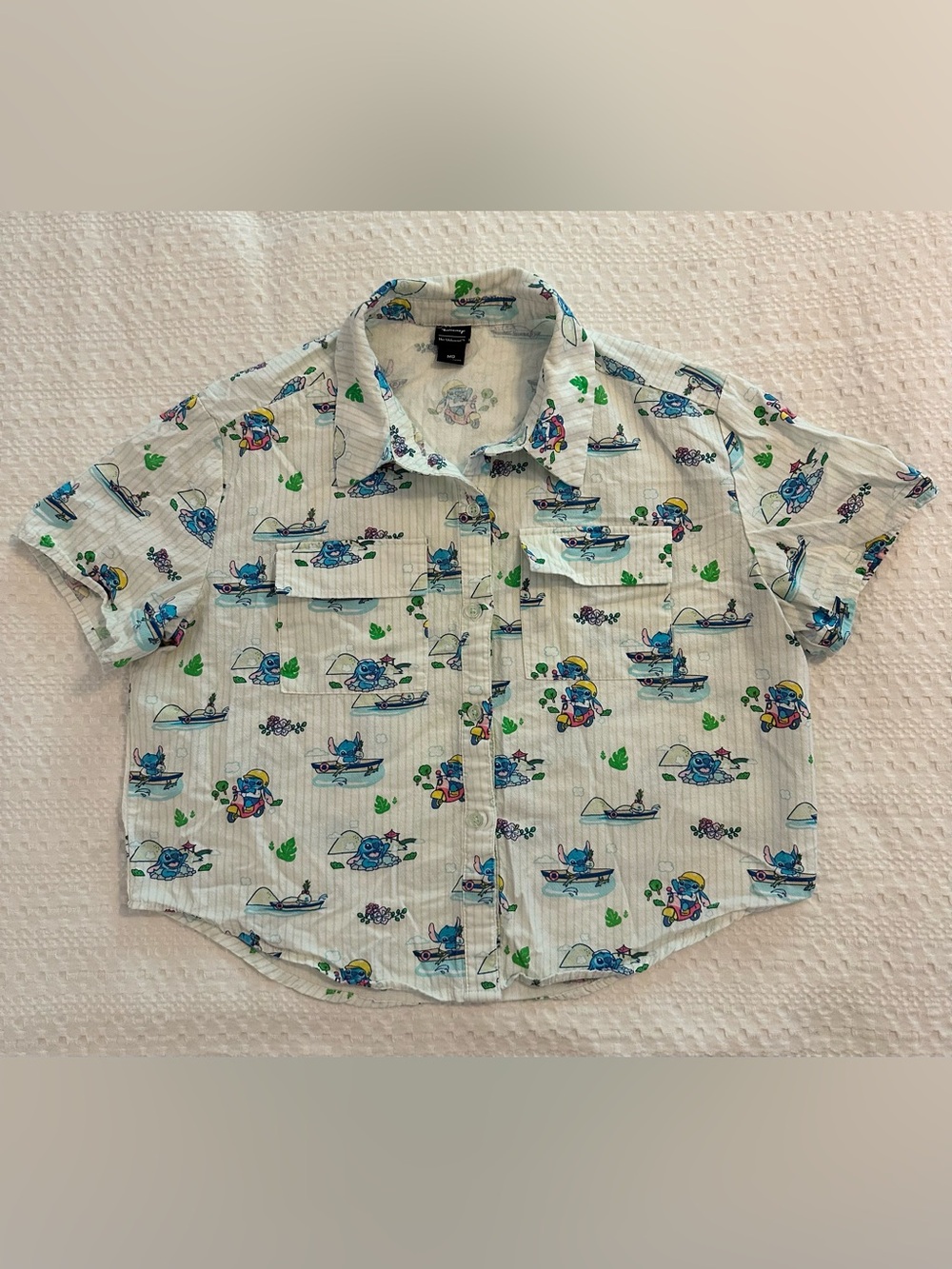 Disney Her Universe White ladies Button-Up Shirt with Blue and Green Print